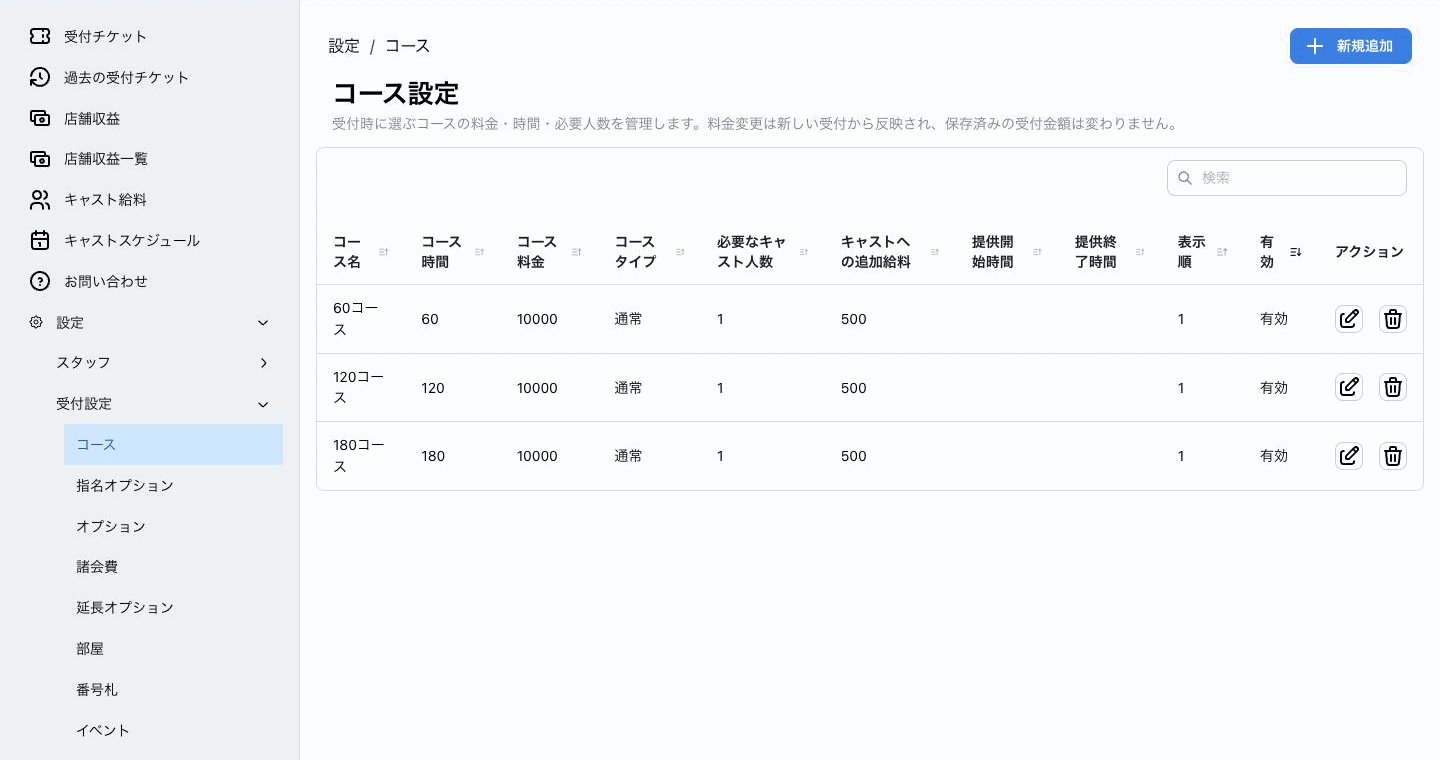 コース時間、料金、必要人数を一覧表示したMiseukeのコース設定画面